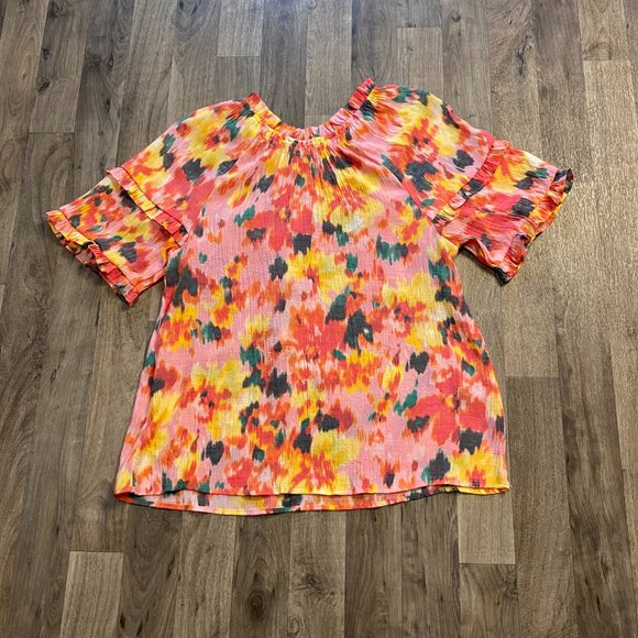 Nanette Lepore Colorful Floral Blouse Ruffle Short Sleeve Medium - Picture 3 of 6